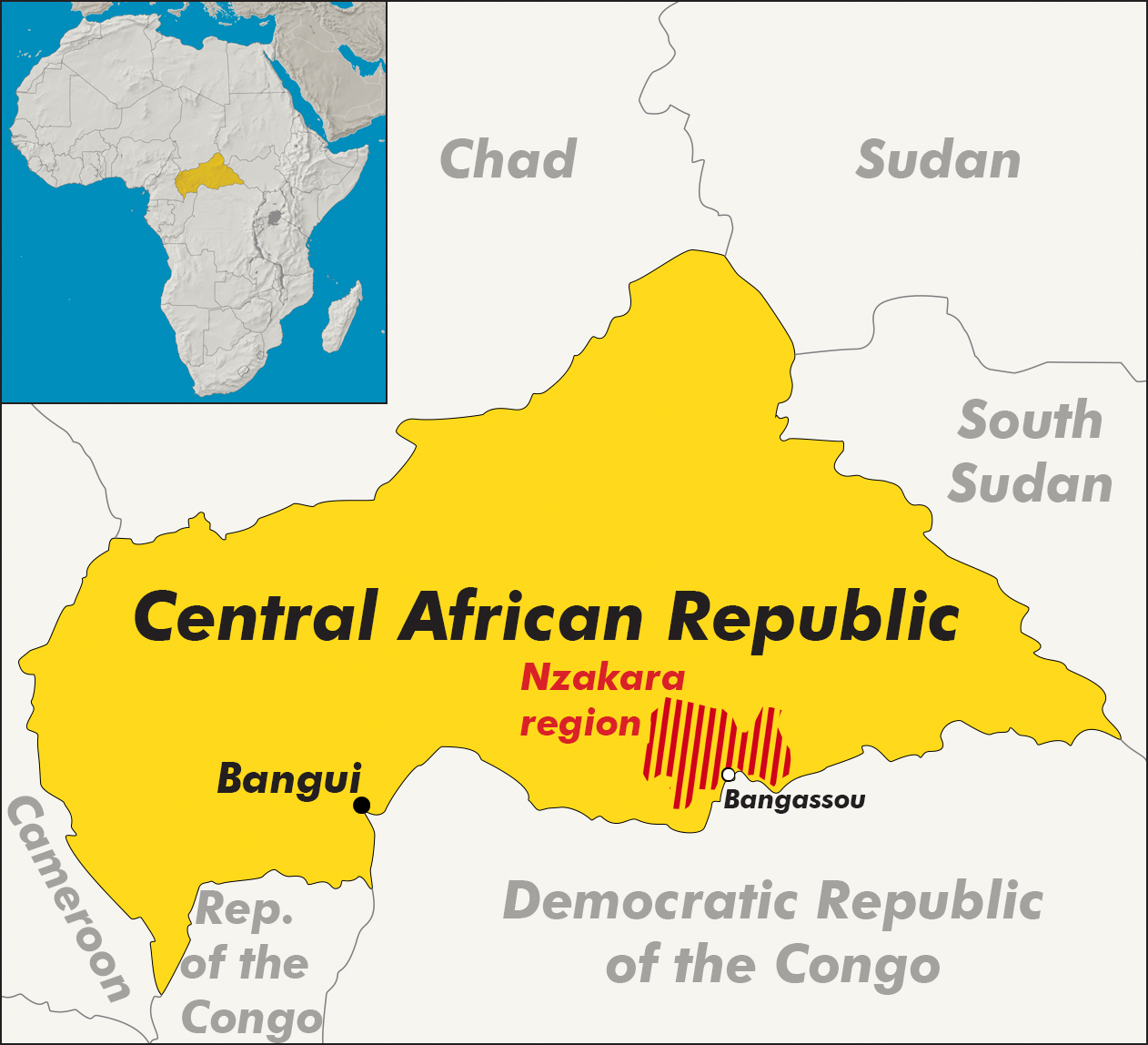 A map of the Central African Republic, with the Nzakara region highlighted in the south of the country