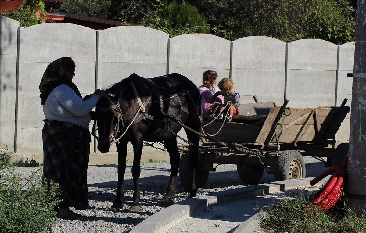 Image of a Roma mother and her children with their horse and cart in Romania