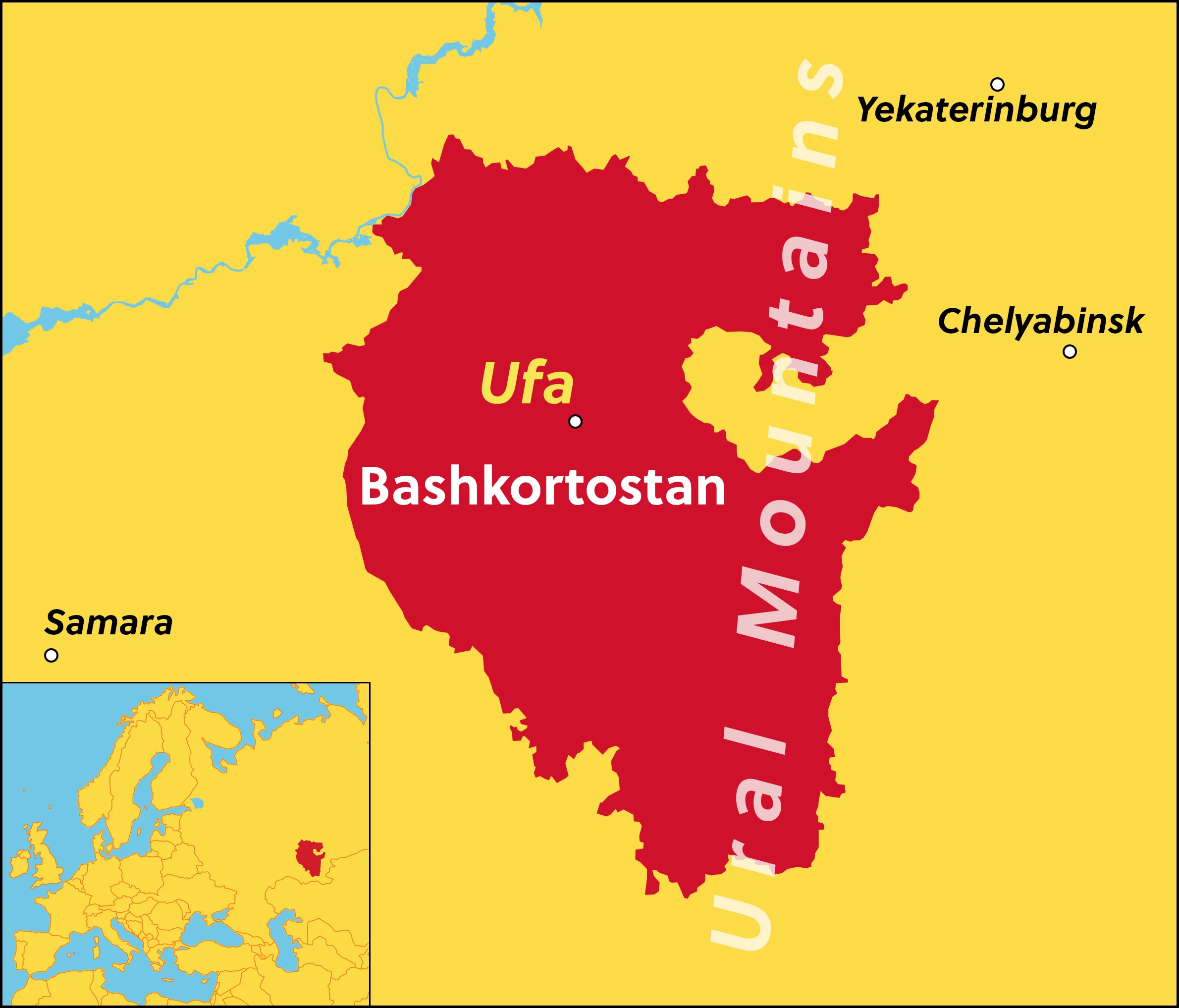 Image of a map of the region of Bashkortostan in Russia, with the city of Ufa marked