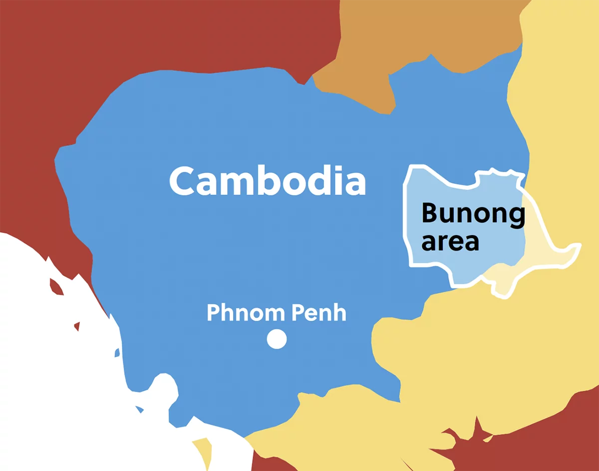 Image of map of Cambodia with Bunong area marked